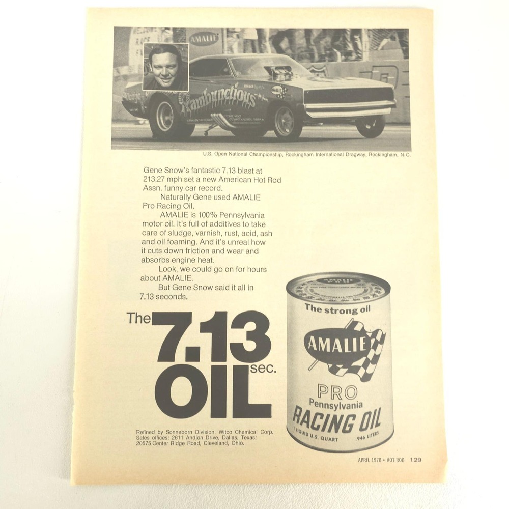 Vintage 1970 Amalie Pro Racing Oil Original Print Ad Gene Snow Hot Rod Collector